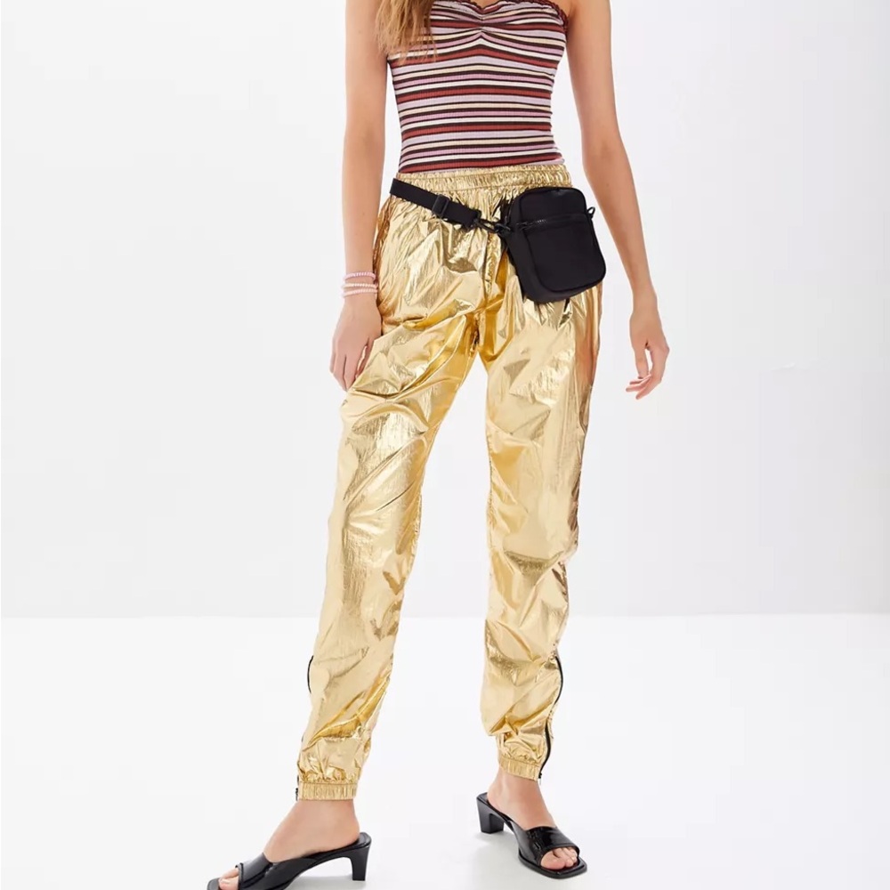 Urban Outfitters Women's S P Small Gold Shiny Metallic Jogger Pants Drawstring